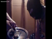 Poor mature slave wife bound and spoon fed a huge helping of warm scat